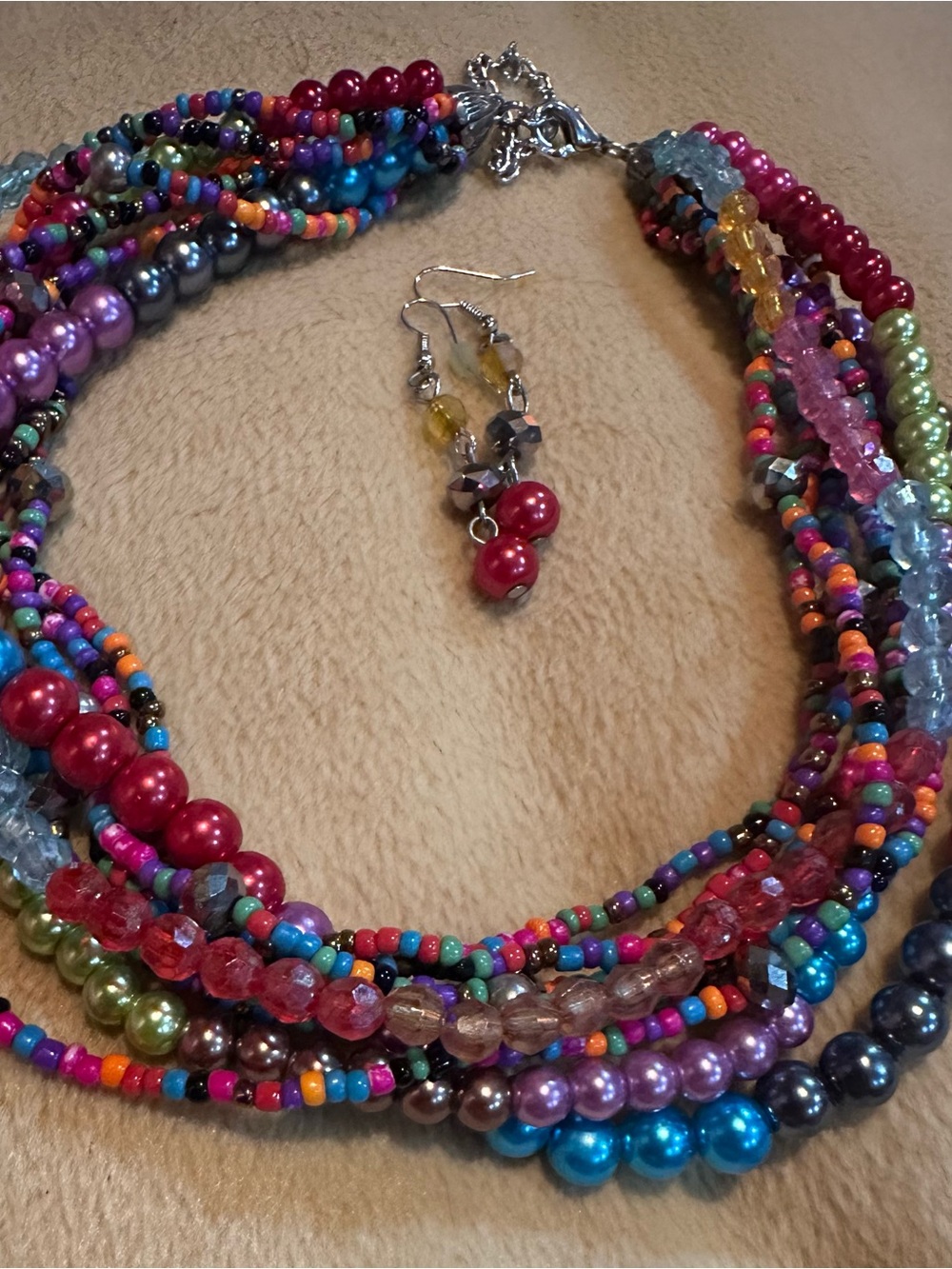 Multicolor Layered Beaded Necklace with Matching Earrings